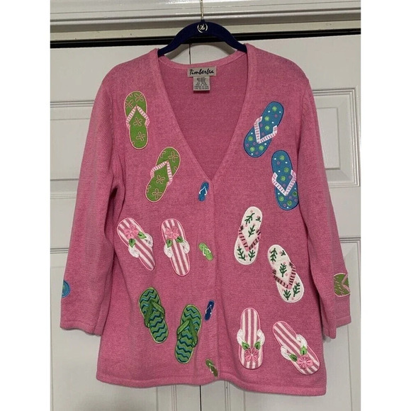 Vintage Timberlea Beaded Flip Flop Embroidered Sweater Cardigan Size M (O24) - Picture 1 of 7